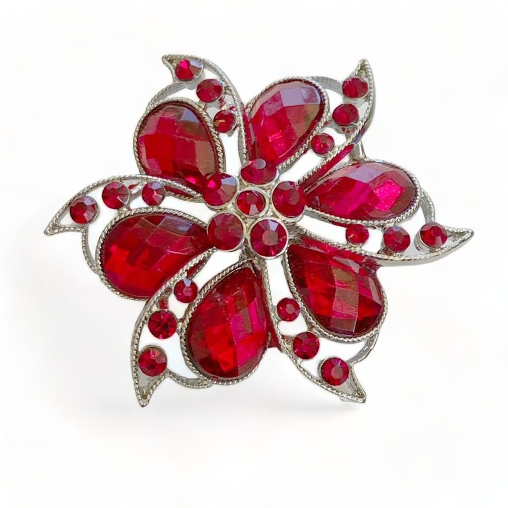 Vintage Red Rhinestone Pinwheel Flower Brooch (Wreath, Flower, Bow, Christmas)